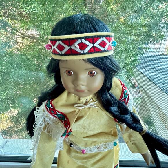 Vintage Porcelain Native American-Inspired Doll with Braids and Beaded Outfit - Picture 12 of 12